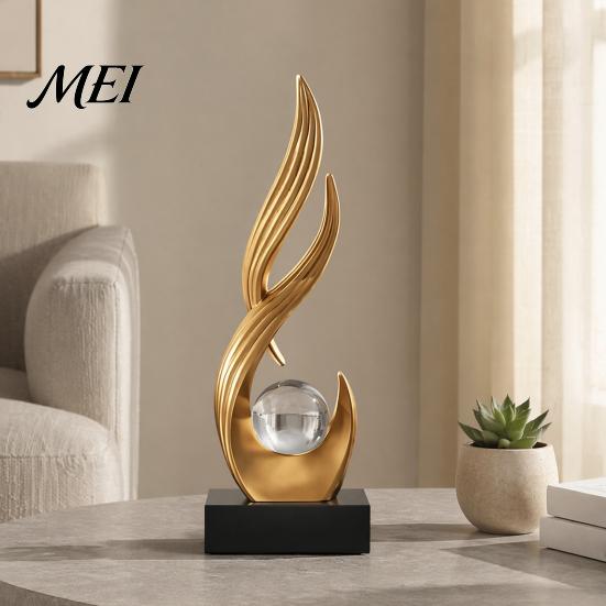 Decorative Statue for Wine Cabinet Abstract Sculpture with Clear Crystal Ball, Modern Flowing Curve Tabletop Decor Smooth Art Ornament Home