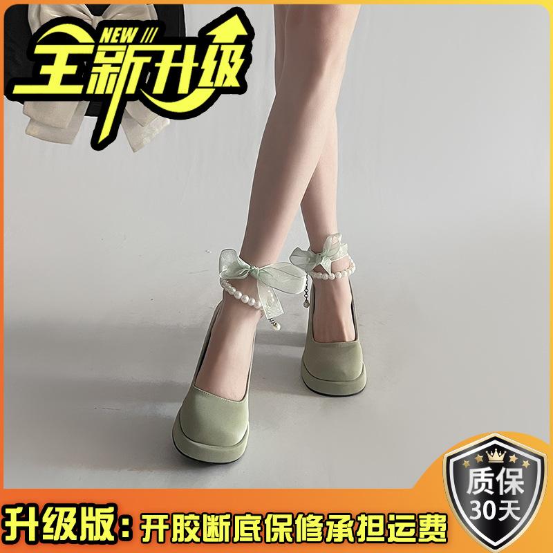 Туфли на высоком каблуке с толстым жемчужным каблуком женские весенние новинки 2025 года в стиле французской феи, простые, с увеличенным каблуком, туфли Мэри Джейн