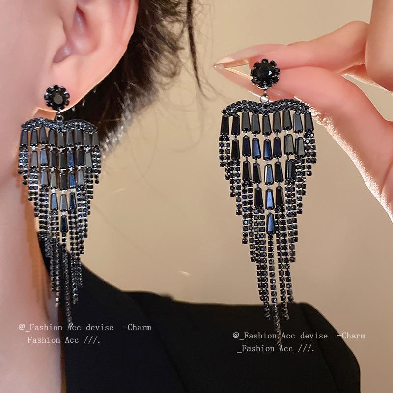 Silver needle zircon love fringed earrings high sense light luxury temperament earrings new dinner dress earrings women