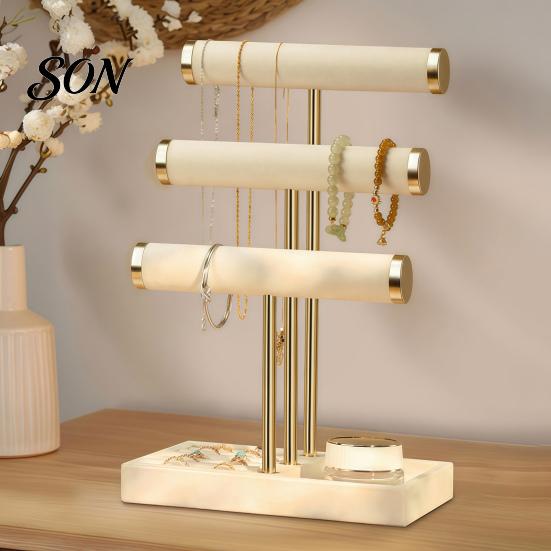 Jewelry Display Rack 3 Tier Velvet Organizer, T-shaped Holder for Bracelet, Non-slip Stand Necklaces Rings, & Earrings, with Storage Tray Stable