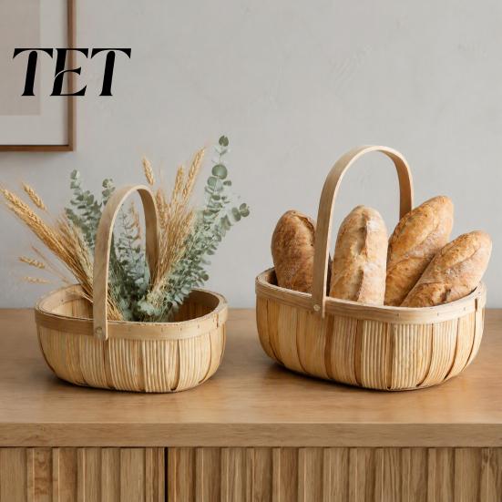 Woven Wood Gift Basket Handmade Storage Basket, Oval Organizer with Reinforced Handle, Desktop Sundries Container Large Capacity Bin for Kitchen