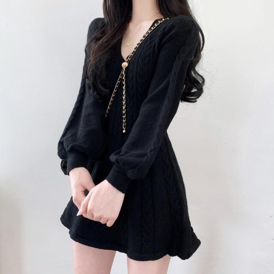 Вязаный вязаный свитер, мини-платье, женские повседневные короткие платья с рукавами-фонариками, осенне-зимняя одежда с v-образным вырезом, женская одежда