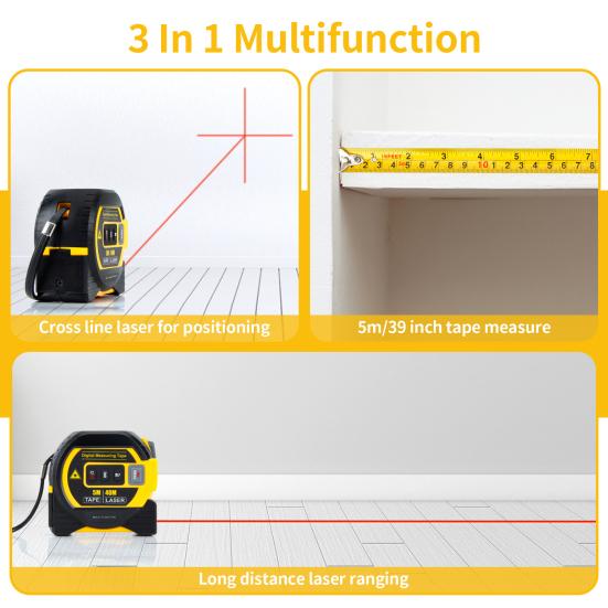 Измерительная лента Инфракрасный измерительный инструмент с самоблокирующимся устройством Цифровой дисплей Точное измерение Компактный размер Портативный измерительный инструмент 3-в-1
