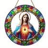 1pc 2d Flat Wood Christian Religion Mary Suncatcher, Translucent Stained Window Hanging, Round Wooden Sign- 20cm Porch, Wall, Home, Room, Cafe Holiday