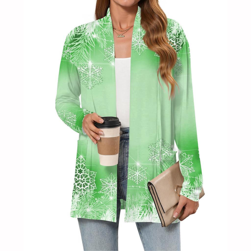 Женский рождественский кардиган с принтом, легкий, с длинными рукавами, повседневный, свободного кроя, тонкий, с карманами, куртка-кардиган