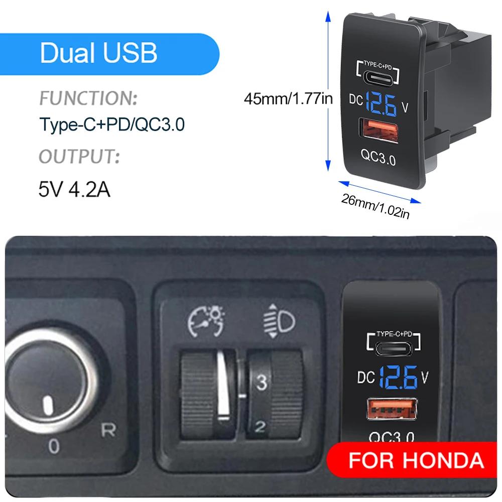 Автомобильное зарядное устройство QC3.0 USB PD Type-C, порт быстрой зарядки, автомобильный адаптер со светодиодным вольтметром 37X24 мм/45X26 мм для автомобилей Honda