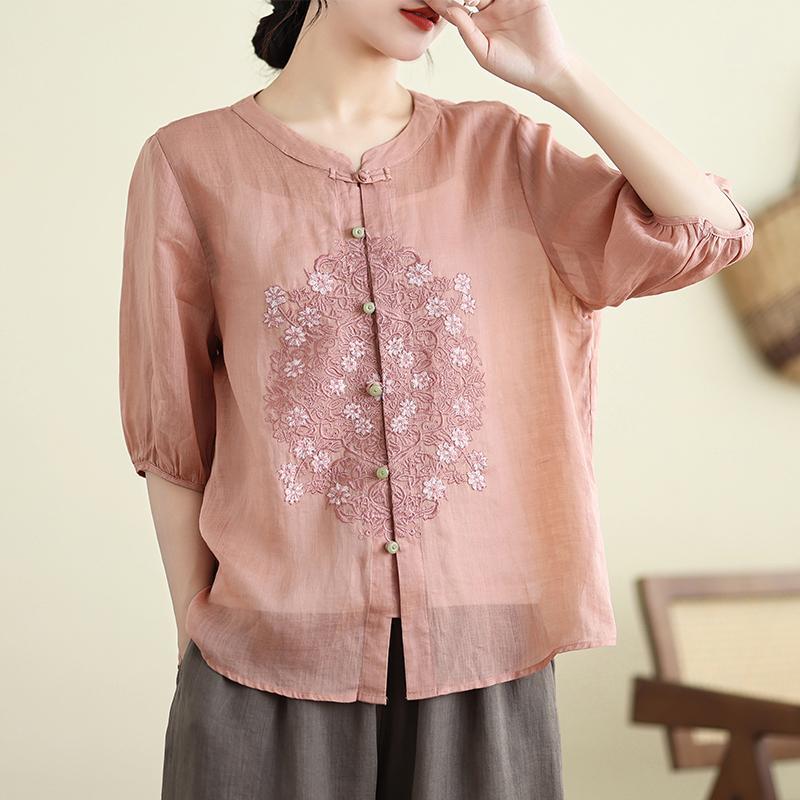 Повседневная рубашка в китайском стиле для женщин, поступление, лето, винтажная цветочная вышивка, свободные женские топы с коротким рукавом, рубашки