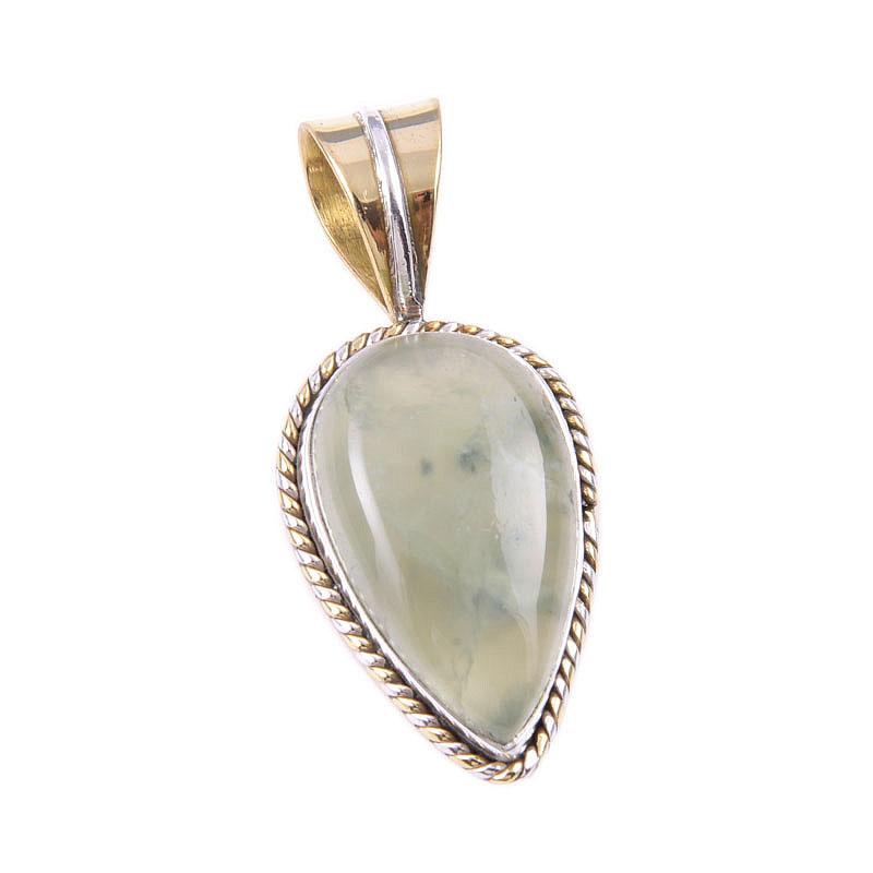 Natural Prehnite Gemstone 925 Solid Sterling Silver Two Tone Pendant 1.25" b0E31