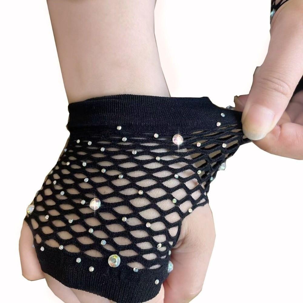 Elastic Rhinestone Gloves Black White Mesh Lace Gloves Fishnet Fingerless Gloves Fashion Accessory