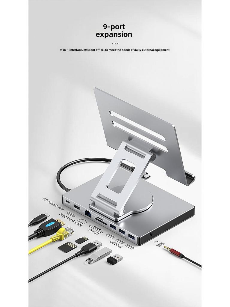4K 60Hz USB-C Docking Station with Gigabit Ethernet, USB 3.2 Hub, and Rotating Stand for Phones and Tablets
