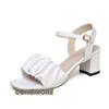 Fashion Square Heel Womens Sandals 2024 Summer New Korean Style Pleated Ankle Buckle Casual High Heels Sandals Simple Rome Shoes