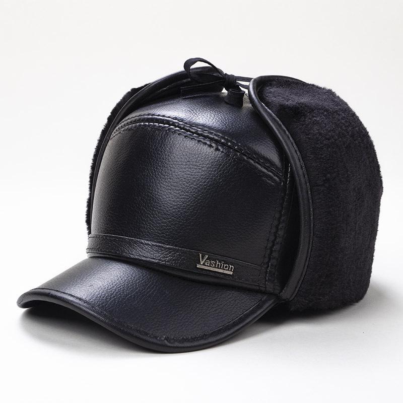 Мужская зимняя бархатная шапка с защитой ушей - теплая, толстая кожаная кепка-утконос