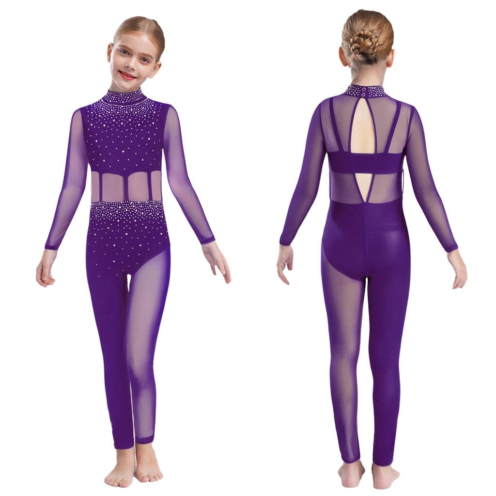 Girls Dance Performance Jumpsuit Full Body Leotard Long Sleeve Mock Neck Mesh Patchwork Keyhole Back Bodysuit