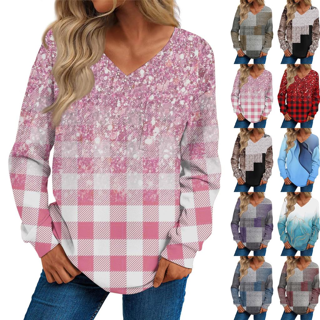 Women's Fashion Casual Long Sleeve Printed V- Neck Sweater Top