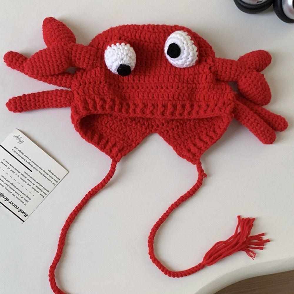 Eyes Crab Pullover Cap Knit Drawstring Hat Sweet Crab Beanies Hat Outdoor