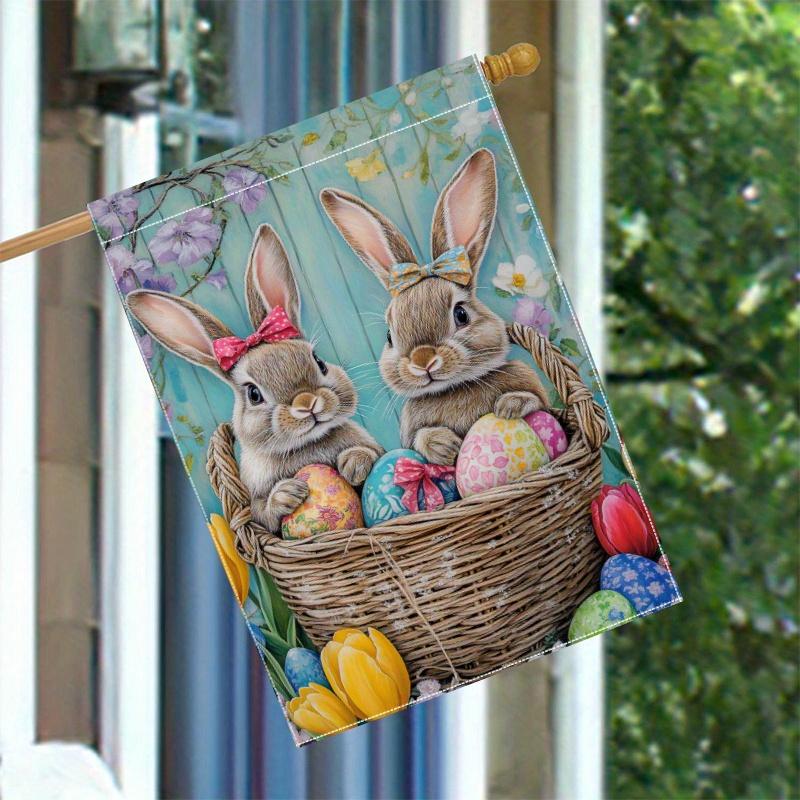 1pc Easter Bunny and Floral Garden Flag Double-Sided Polyester Outdoor Decor with Tulip Basket, Colorful Eggs & Bows Design for Yard, Lawn, or Patio