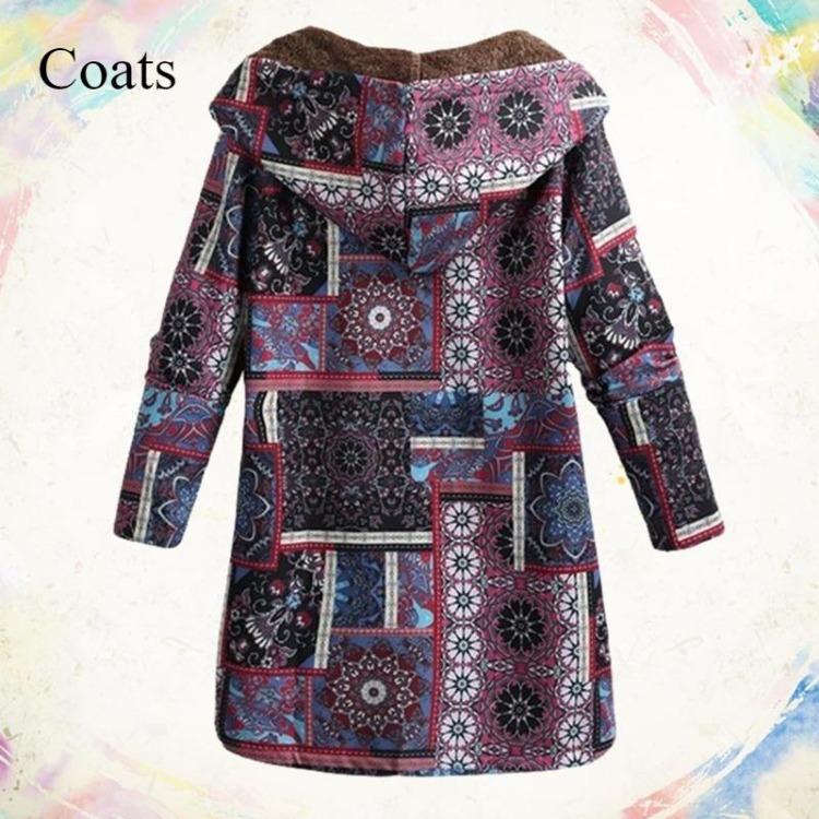 Зимнее теплое женское пальто 2025 Мода Ретро Длинное Худи с принтом Национальный стиль Большой размер Стройнящий Темпераментная Верхняя одежда