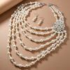 Exaggerated Multi-Layer Imitation Pearl Necklace Earrings Set With Diamonds And Flowers Gorgeous Sweater Chain For Women