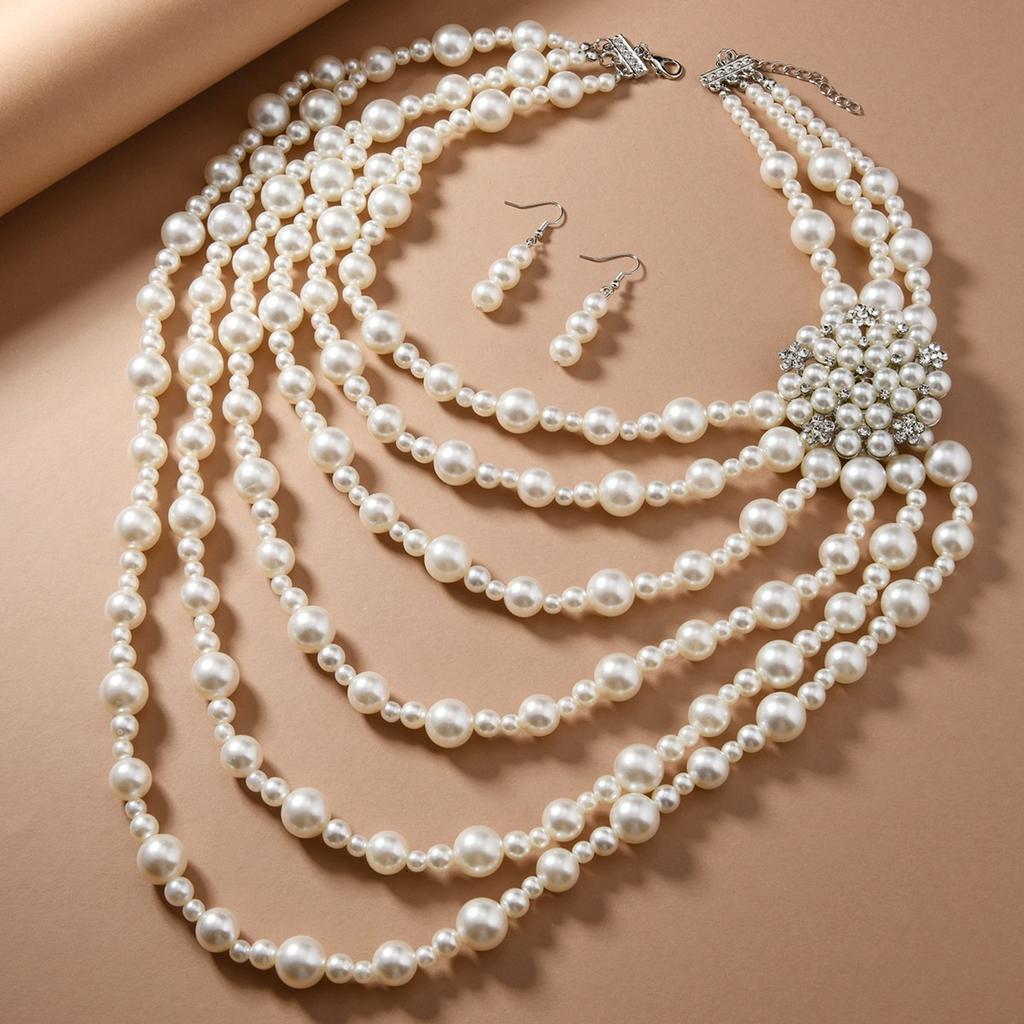 Exaggerated Multi-Layer Imitation Pearl Necklace Earrings Set With Diamonds And Flowers Gorgeous Sweater Chain For Women