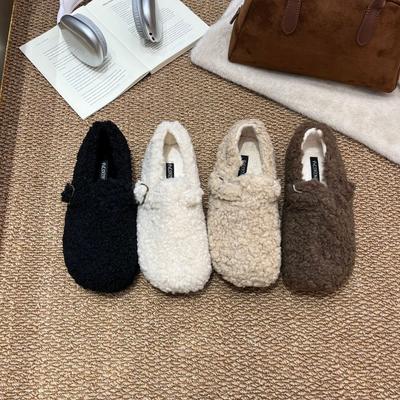 2025 осень и зима новые туфли из хлопка для женщин с круглым носком, на толстой подошве, теплые, из бархата, с пряжкой на ремне, модные женские туфли