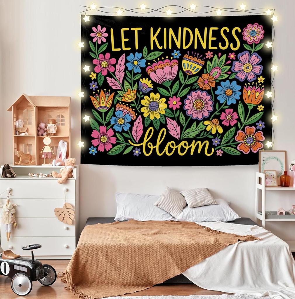 Large Boho Floral Wall Hanging Tapestry Macrame Decor Inspirational Kindness Bloom Art for Nursery Room Living Room Boho Home De
