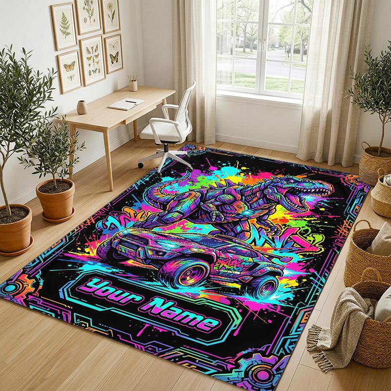 Dinosaur Theme Crystal Velvet Rug Personalized Custom Name Text Soft Floor Mat Home Decor