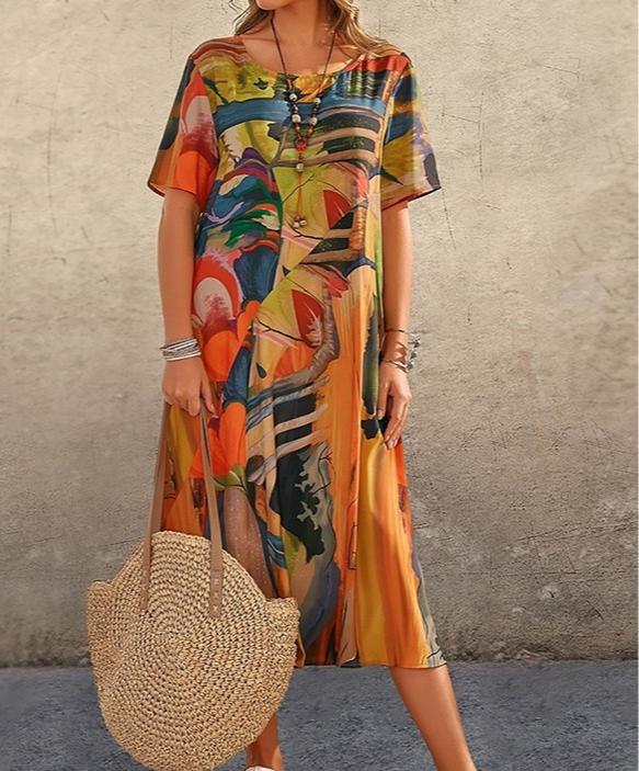 Летнее женское платье с круглым вырезом и коротким рукавом, свободное, повседневное, с принтом, праздничные, винтажные женские платья для женщин