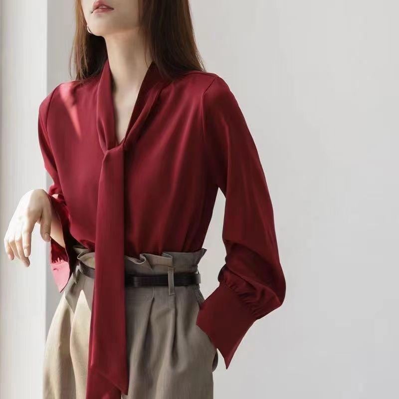 Ацетатный сатин Французская придворная рубашка: Блузка с бантом Весна/Осень 2025