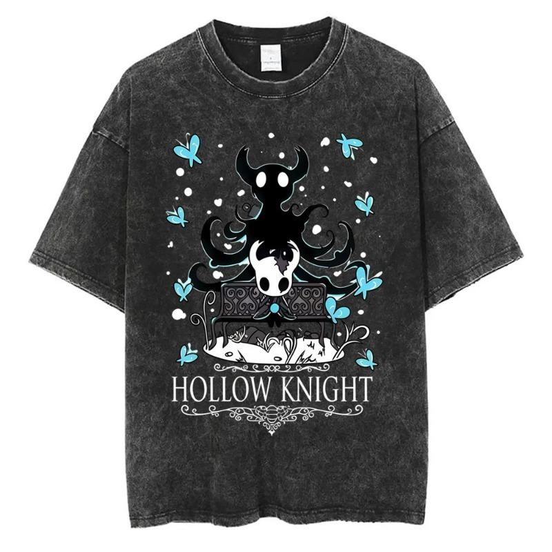 Washed Vintage Game Hollow Knight Double Sided Print T-shirt Fans Gift Men Women Fashion Casual Oversized Short Sleeve T Shirts