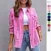 Holes Raw-edges Denim Jacket Women Spring Autumn Shirt Style Jeancoat Casual Top Rose-Red Orange Purple Outerwear Lady Coat