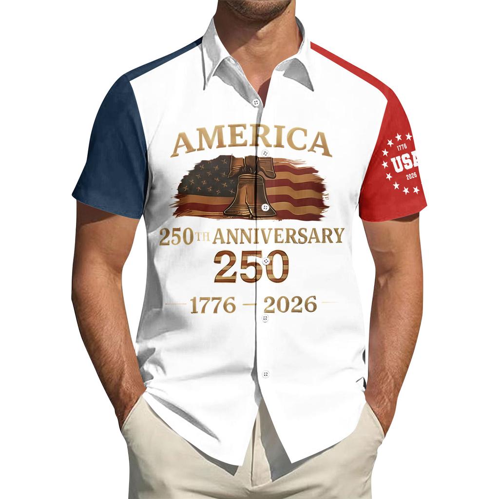 Men's Independence Day Printed Collared Top Men's Casual Sports Short-Sleeve Shirt
