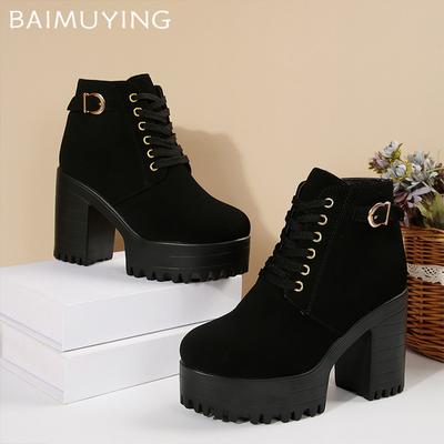 Зимние женские ботильоны на платформе из замши со шнуровкой, дизайнерские туфли на высоком каблуке 2025 года, трендовые зимние туфли-лодочки на толстом каблуке в готическом стиле Botas De Mujer