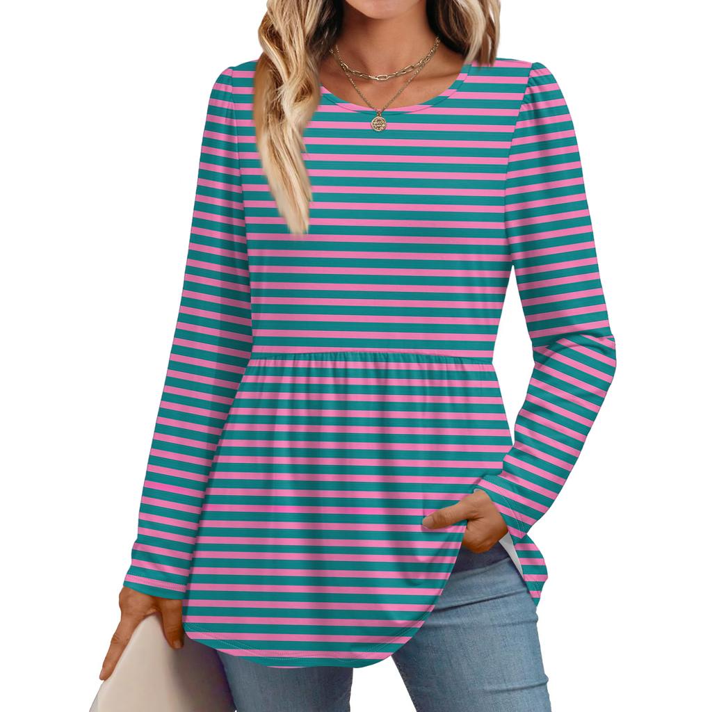 Women's Casual Fashion Long Sleeve Shirt Striped Tunic Top
