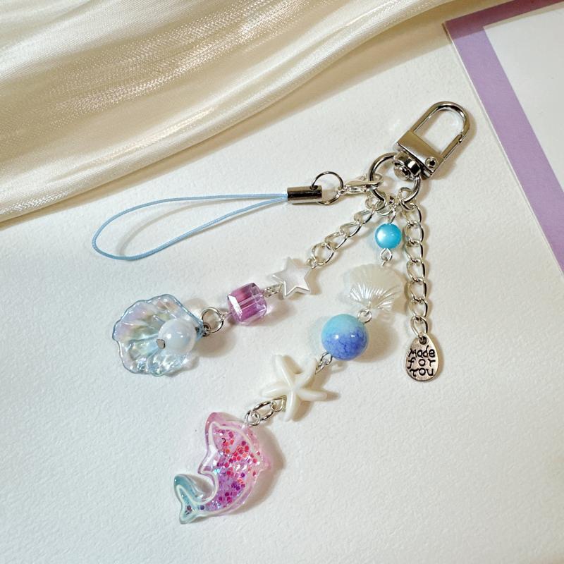 Sweet Purple Shell Star Dolphin Keyring Beaded Keychain Phone Chain Backpack Bag Pendant Charm Car Key Decoration Accessories