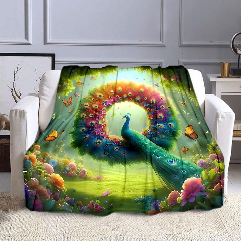 "Colorful Peacock in Enchanted Forest" Patterned flannel blanket perfect for the bedroom living room, sofa, or a little nap