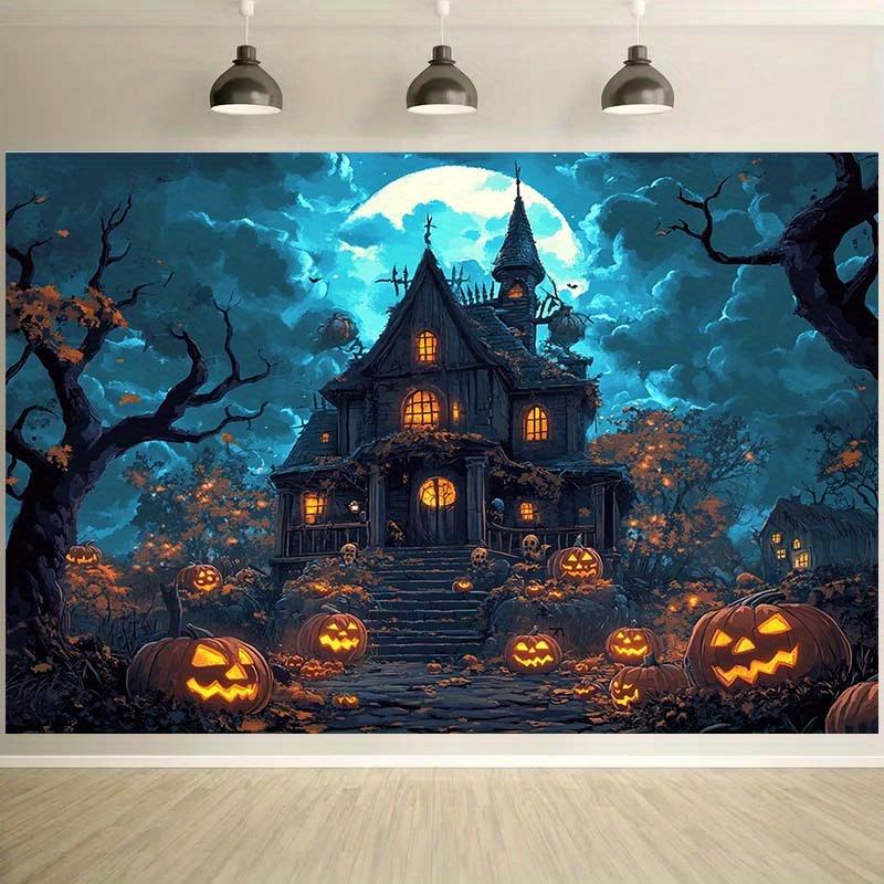 Ghost House Halloween Background Cloth - Non Electric Party Decoration Banner with Manor Pumpkin Lantern Full Moon and Bats