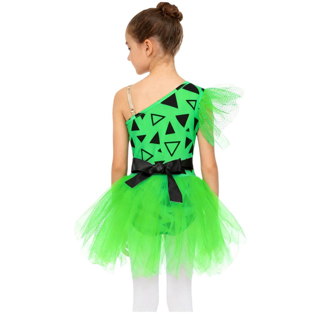 Girls Cavegirl Outfit Patchwork Tutu Dress Adjustable Strap Mesh Short Sleeve Built In Briefs 3D Bone Belt Prehistoric Costume