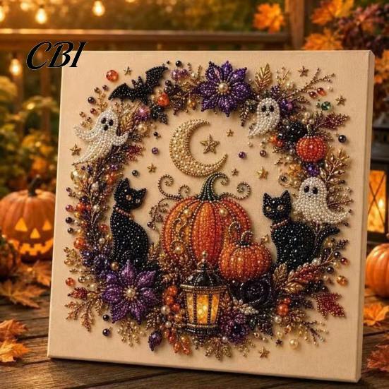 Unique Birthday Gifts for Her Ghost Faux Pearl Art DIY Kit with Frame, Halloween Cat Painting Wall Decor Ornaments Kit, 3D Witch Pumpkin Craft Adults,