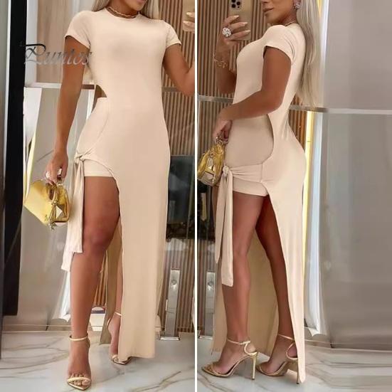 Женское сексуальное платье макси, комплект с коротким рукавом, круглым вырезом, боковым разрезом, облегающее платье с коротким летним костюмом для вечеринок, повседневных клубов