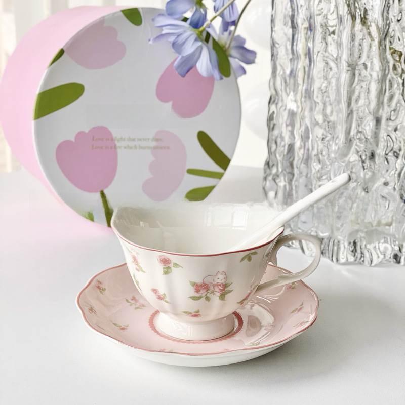 Розовый Кролик Cerc Набор Кофейной Чашки и Блюдца Afternoon Tea Милая Девушка Сердце Винтажный Корейский Sle Завтрак Столовые Приборы Набор