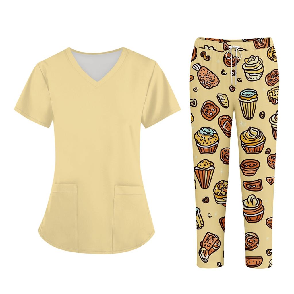 Плюс размерСкраб с принтом Рабочая форма Топы для женщин Крест V-образным вырезом Хэллоуин Принт с короткими рукавами Забавные футболки Спецодежда Футболка с карманами