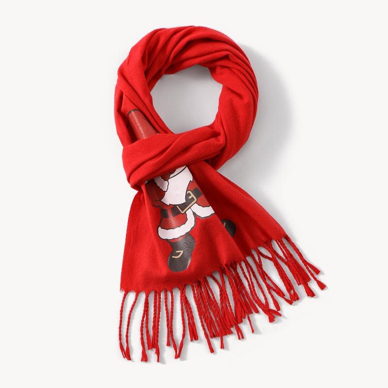 Winter Christmas Red Versatile Elk Print Imitation Cashmere Thickened Warm Fringed Scarf Autumn and Winter Men and Women