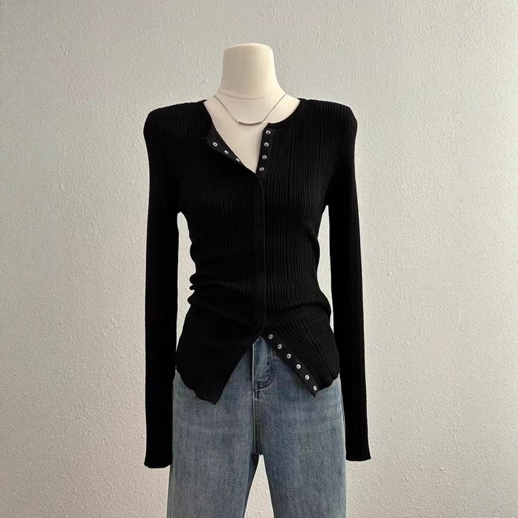 Женская трикотажная футболка с полуоткрытым вырезом и длинным рукавом, осень, новая мода, зарубежный стиль, приталенная, универсальная