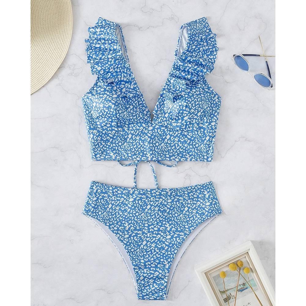 Разноцветное бикини с оборками, V-образным вырезом и высокой талией - Женский европейский и американский пляжный купальник