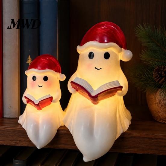Festive Window Sill Decorations Cute Ghost Reading Book Lamp, Christmas Resin Figurine with Santa Hat, Decorative Lights for Holidays Warm Lighted