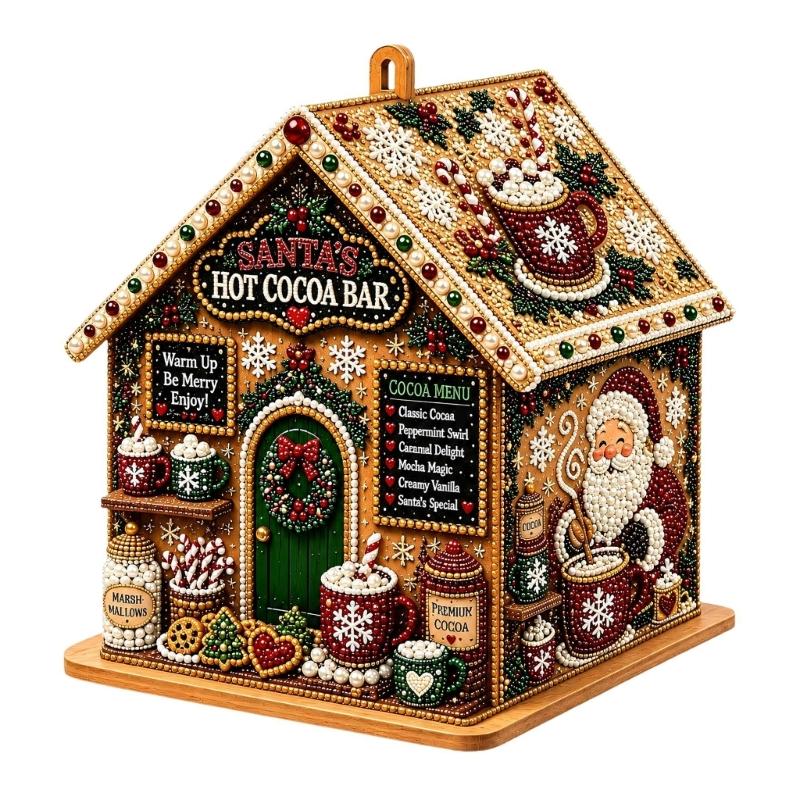 Wooden Christmas Houses Craft Set with Rhinestones Painting Piece, Pearls-Style Accents, and Tools for Hands-On Decorating