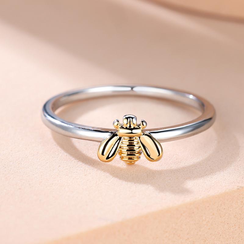 Simple Tiny Silver Bee Ring Gold Hammered Band Stacking Rings Wedding Anniversary Jewelry Size 6-10