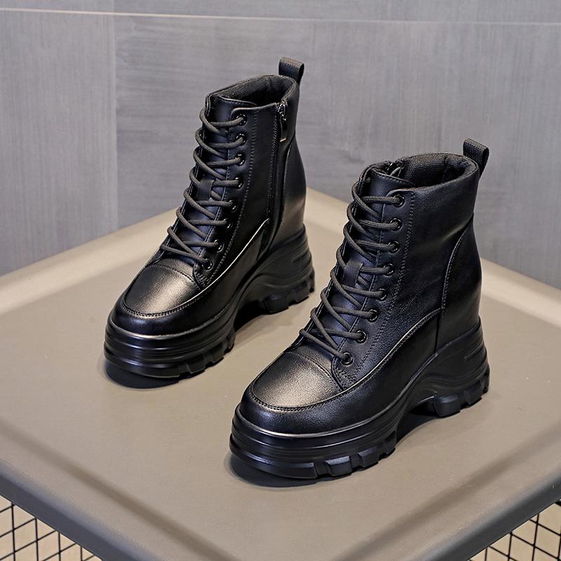 Мода 9см Коровья Черная Кожа Платформа Клинья Осенние Туфли Женские На Шнуровке Ботильоны До Щиколотки Весенние Массивные Кроссовки До Середины Икры Зимние Плюшевые
