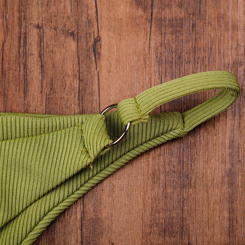 Women Triangle Oversize Split Bikini Set Suit Tie Side G-String Thong Swimsuit Suspenders Green Solid Color