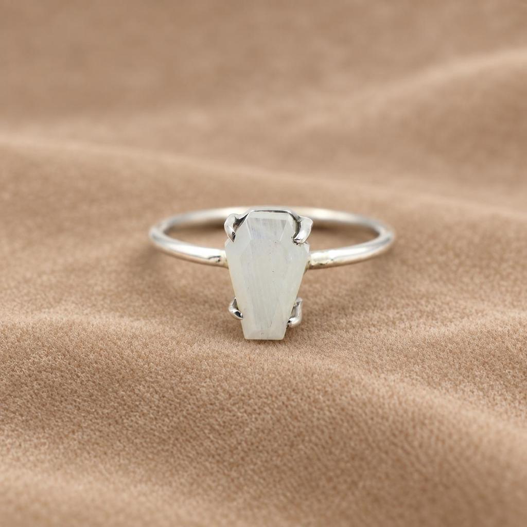 Rainbow Moonstone Coffin Statement Ring, 925 Sterling Silver Jewelry, Handmade Minimalist Gemstone Ring